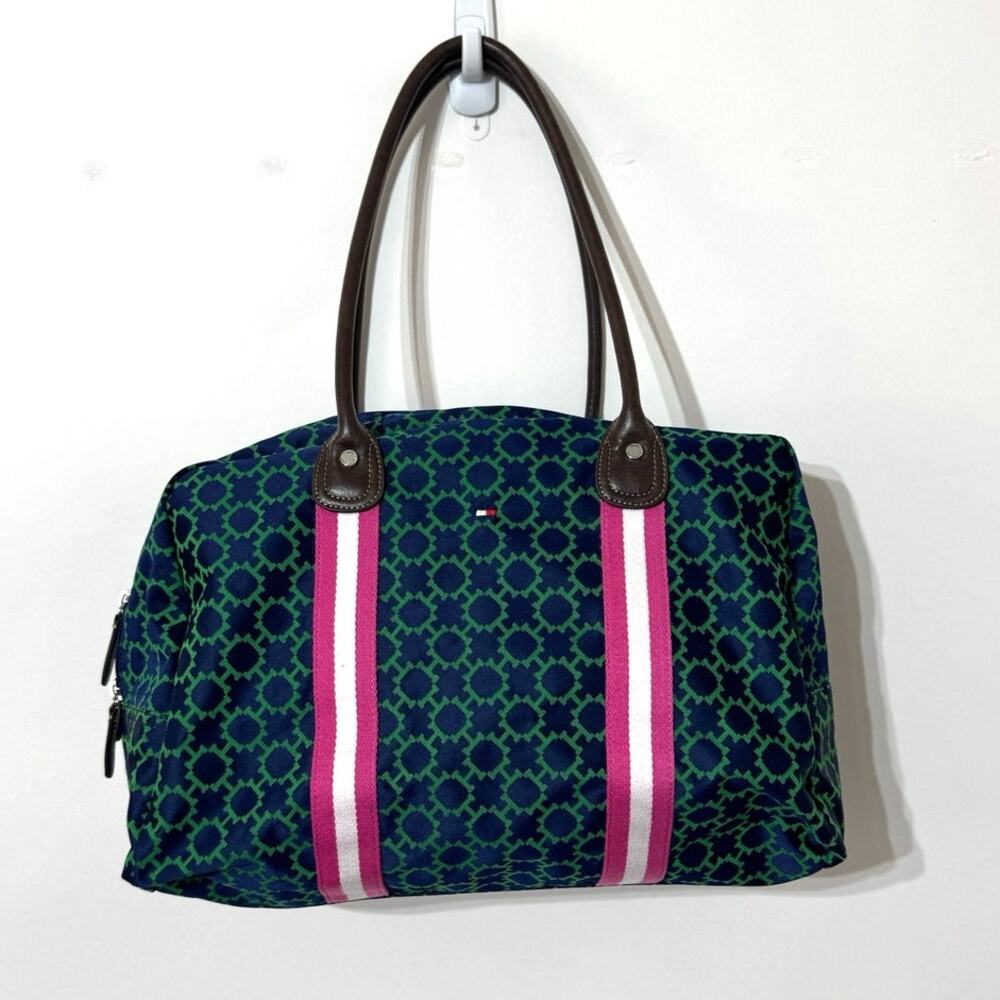 Tommy Hilfiger Large Weekender Duffle Bag Poly Blend Blue Green Geo Pattern